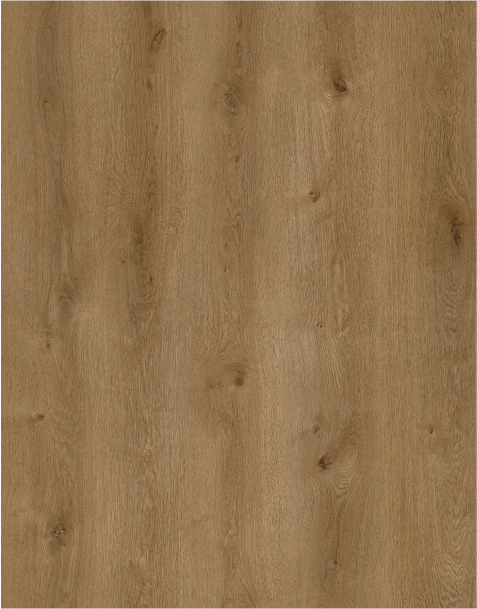 Close-up of Casa Rocca vinyl flooring by Villa Surfaces, showcasing a warm oak finish with natural wood grain and knots.